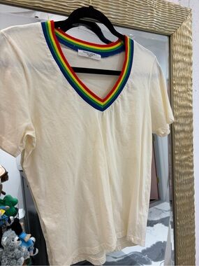 Project Social T Cream Short Sleeve Tee with Rainbow V-Neck